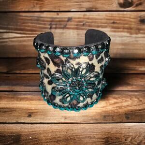 Western Leopard Cuff Bracelet Turquoise Crystal Wide Boho Statement Adjustable